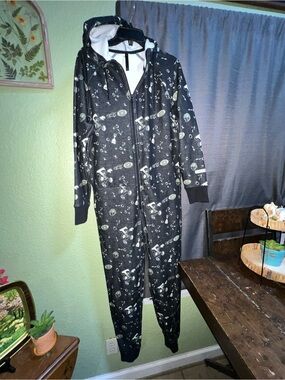 Fabletics Go To Hooded Pajama Onesie Football Green Black